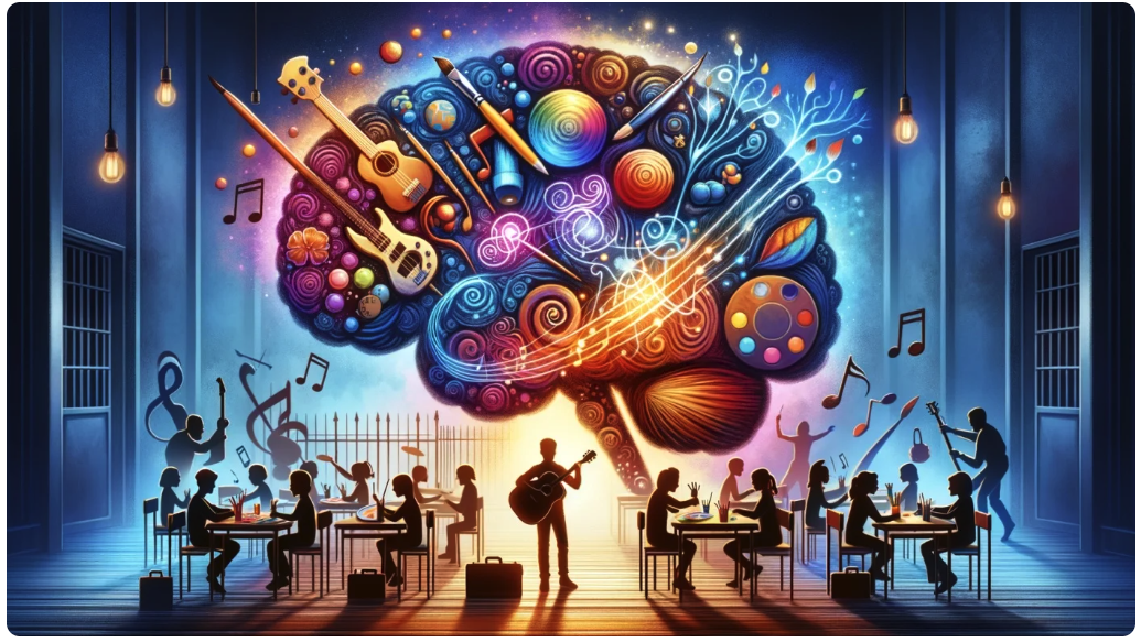 Un grupo de musicos tocando y sobre ellos un cerebro activdo por el arte, la musica, el color. 